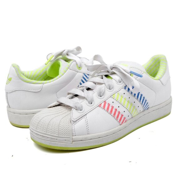 Adidas Superstar Leather Sneakers Running Shoes Neon Stripes Yellow Blue Red - Picture 1 of 12